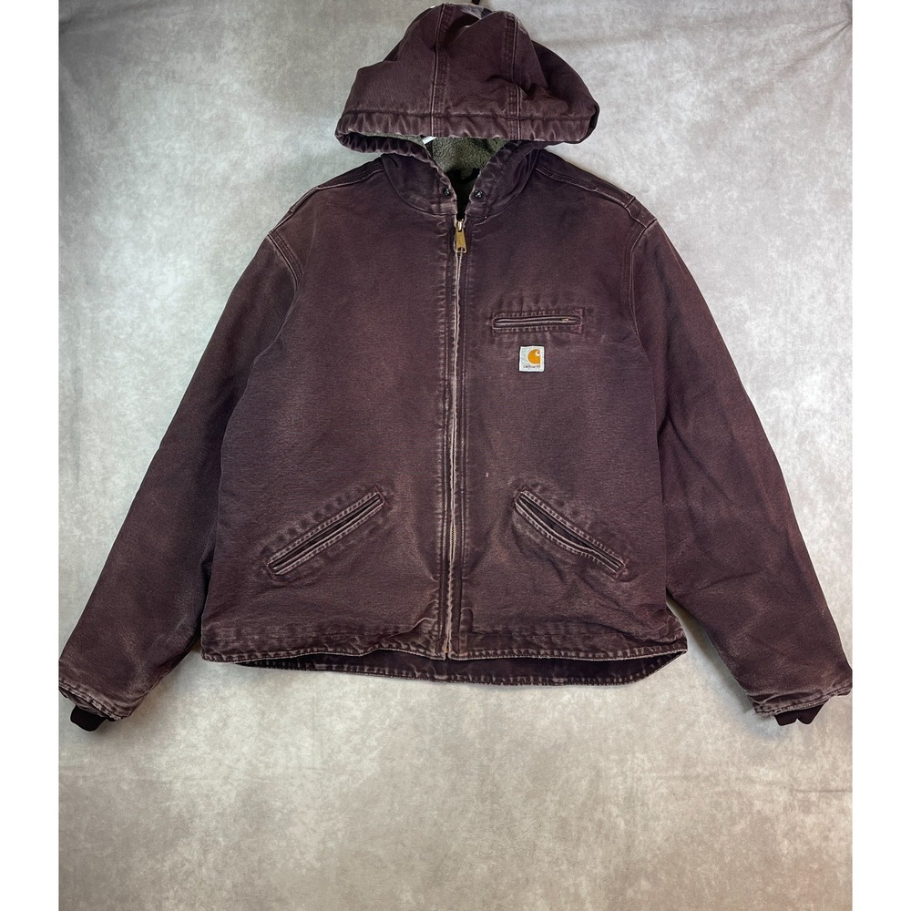 VINTAGE Carhartt Jacket Sherpa Lined Womens XL Brown Canvas Full Zip Hooded Work